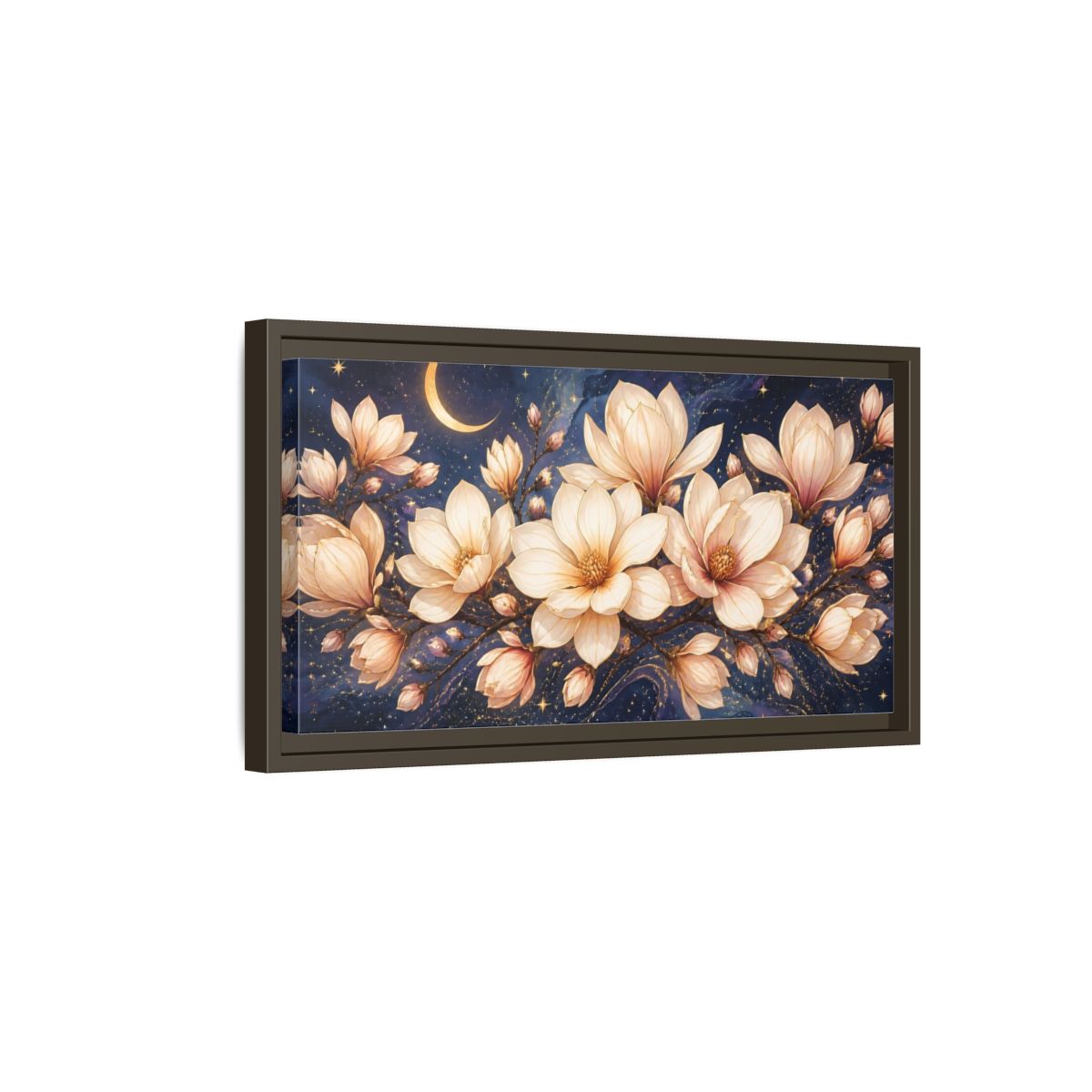 Side Mockup 7. Moonlit Magnolia Blossoms shown as framed canvas print