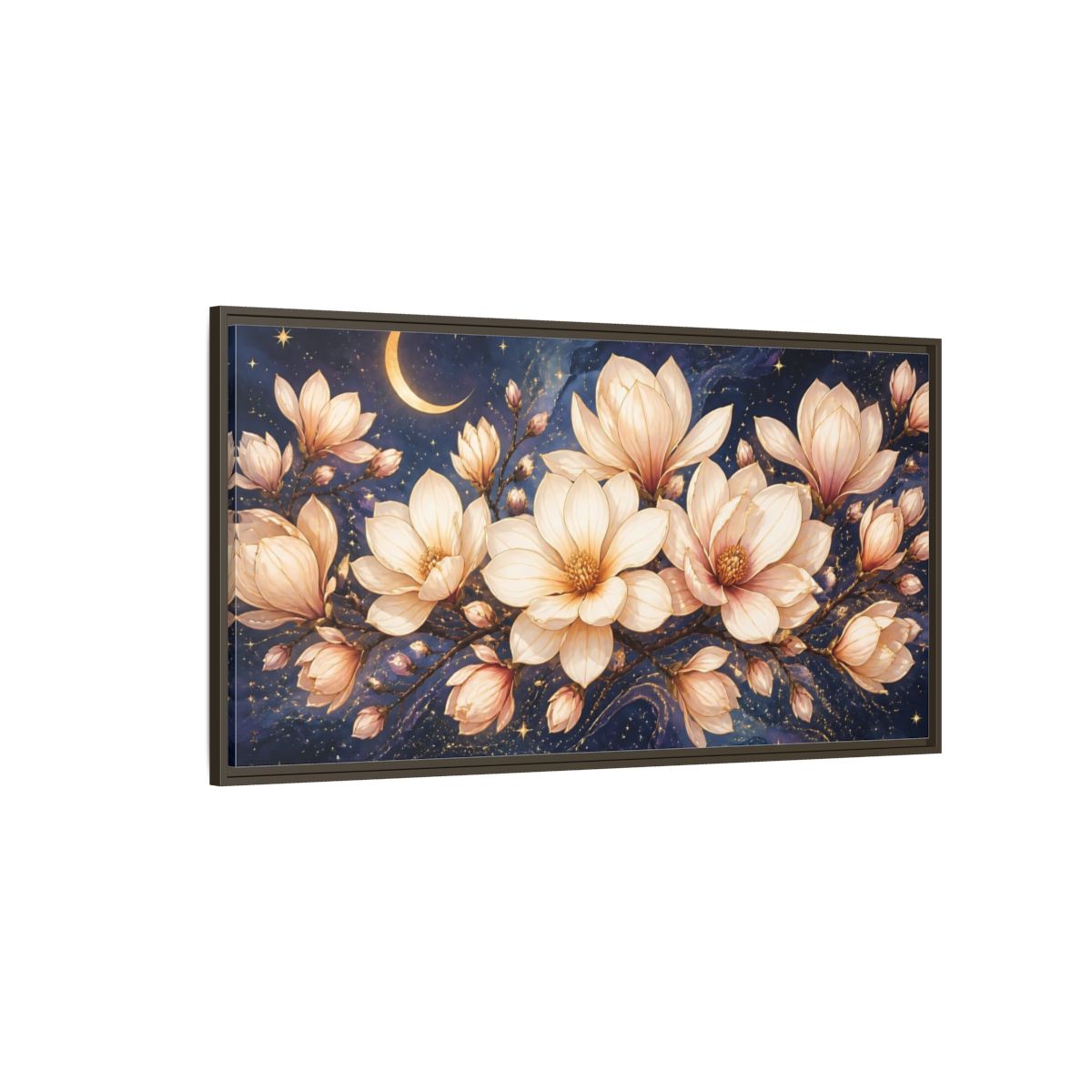 Side Mockup 4. Moonlit Magnolia Blossoms shown as framed canvas print