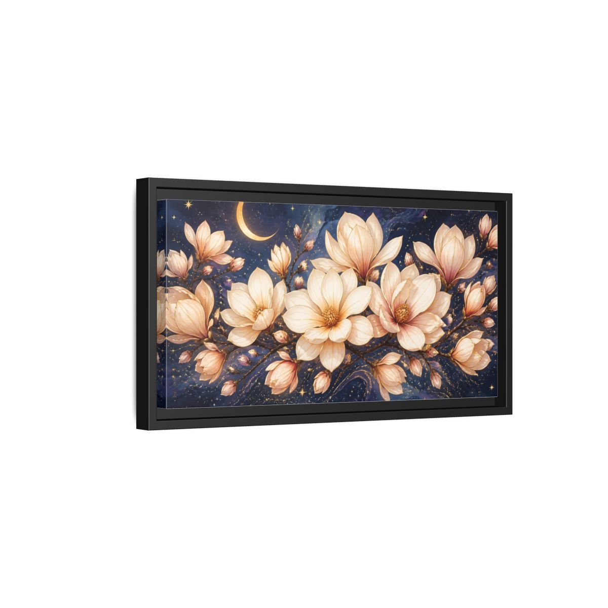Side Mockup 8. Moonlit Magnolia Blossoms shown as framed canvas print