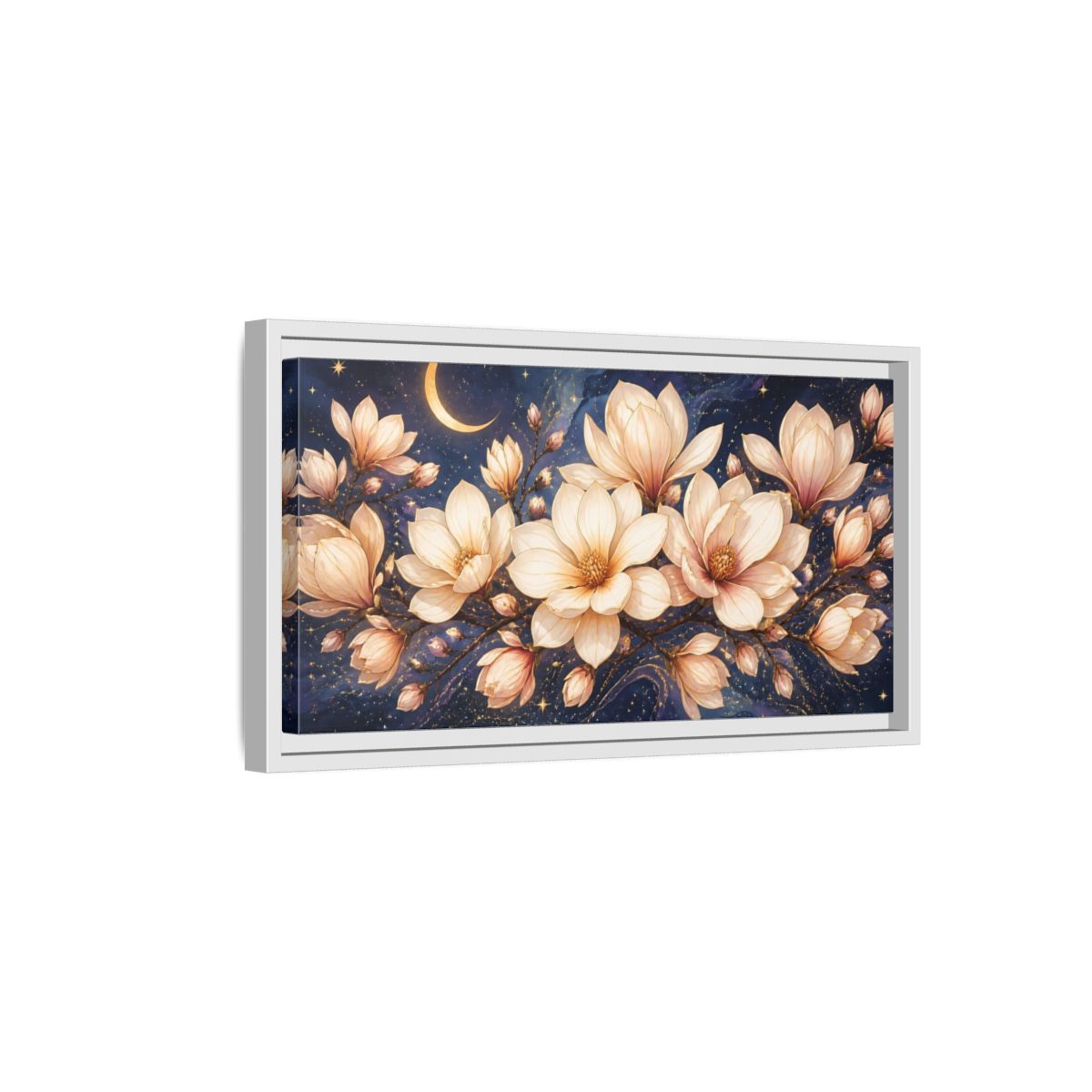 Side Mockup 6. Moonlit Magnolia Blossoms shown as framed canvas print