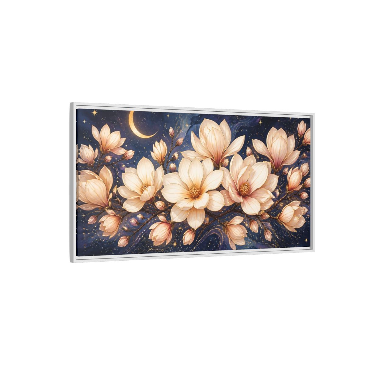 Side Mockup 3. Moonlit Magnolia Blossoms shown as framed canvas print