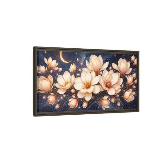 Main Mockup. Moonlit Magnolia Blossoms shown as framed canvas print