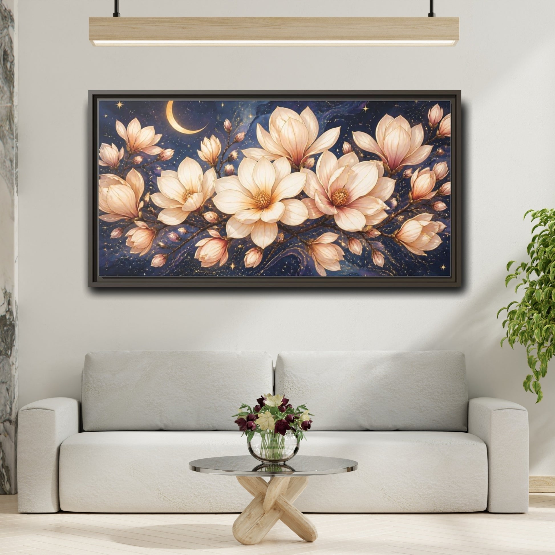 Mockup 2. Moonlit Magnolia Blossoms shown as framed canvas print