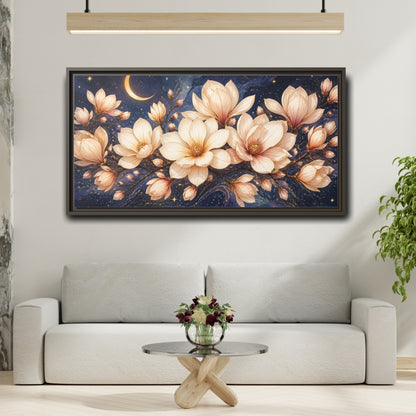 Mockup 2. Moonlit Magnolia Blossoms shown as framed canvas print