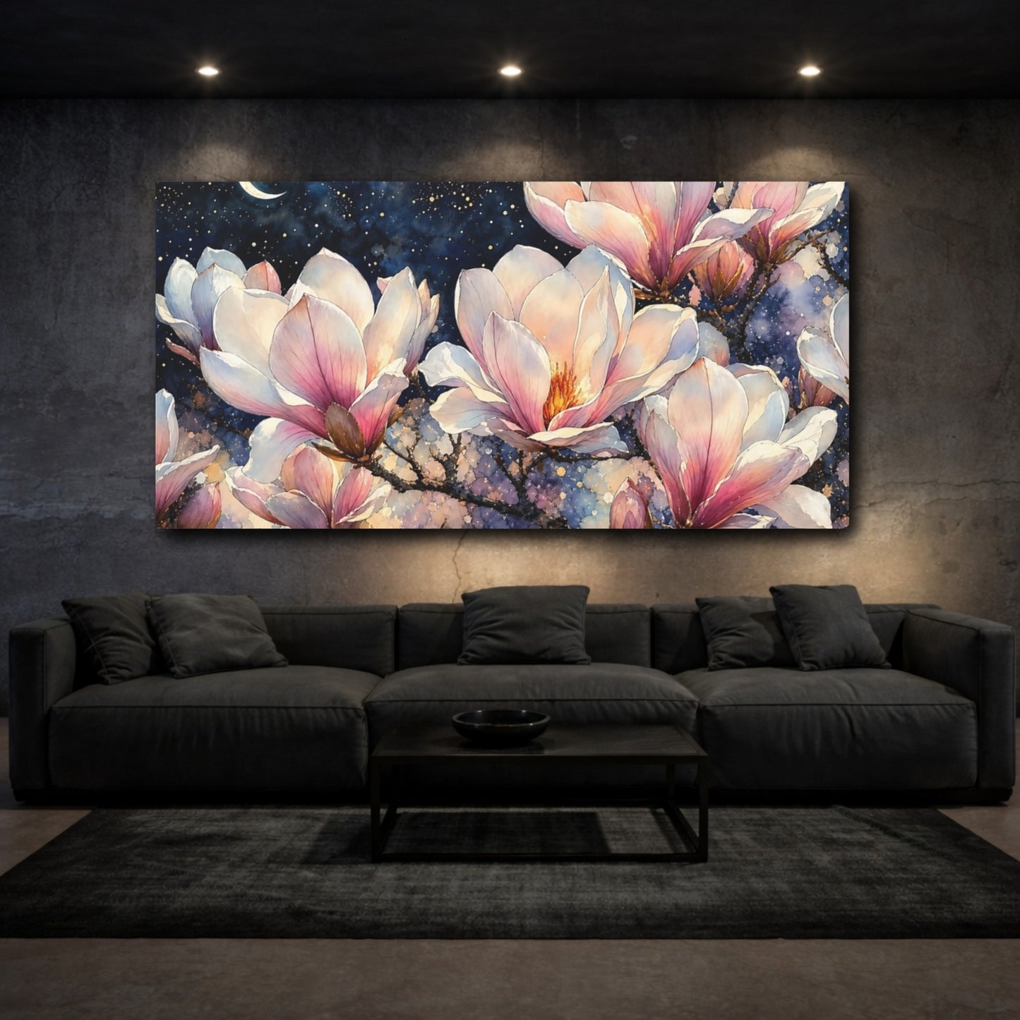 Mockup 3. Moonlit Magnolia Blossoms shown as canvas print