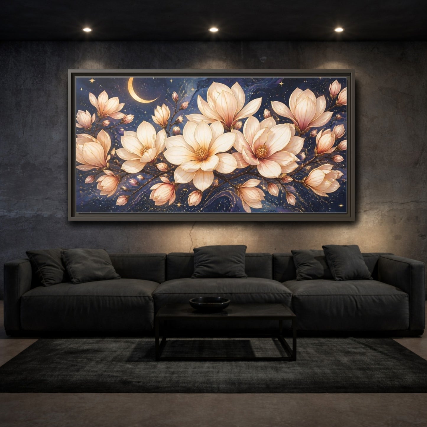 Mockup 3. Moonlit Magnolia Blossoms shown as framed canvas print