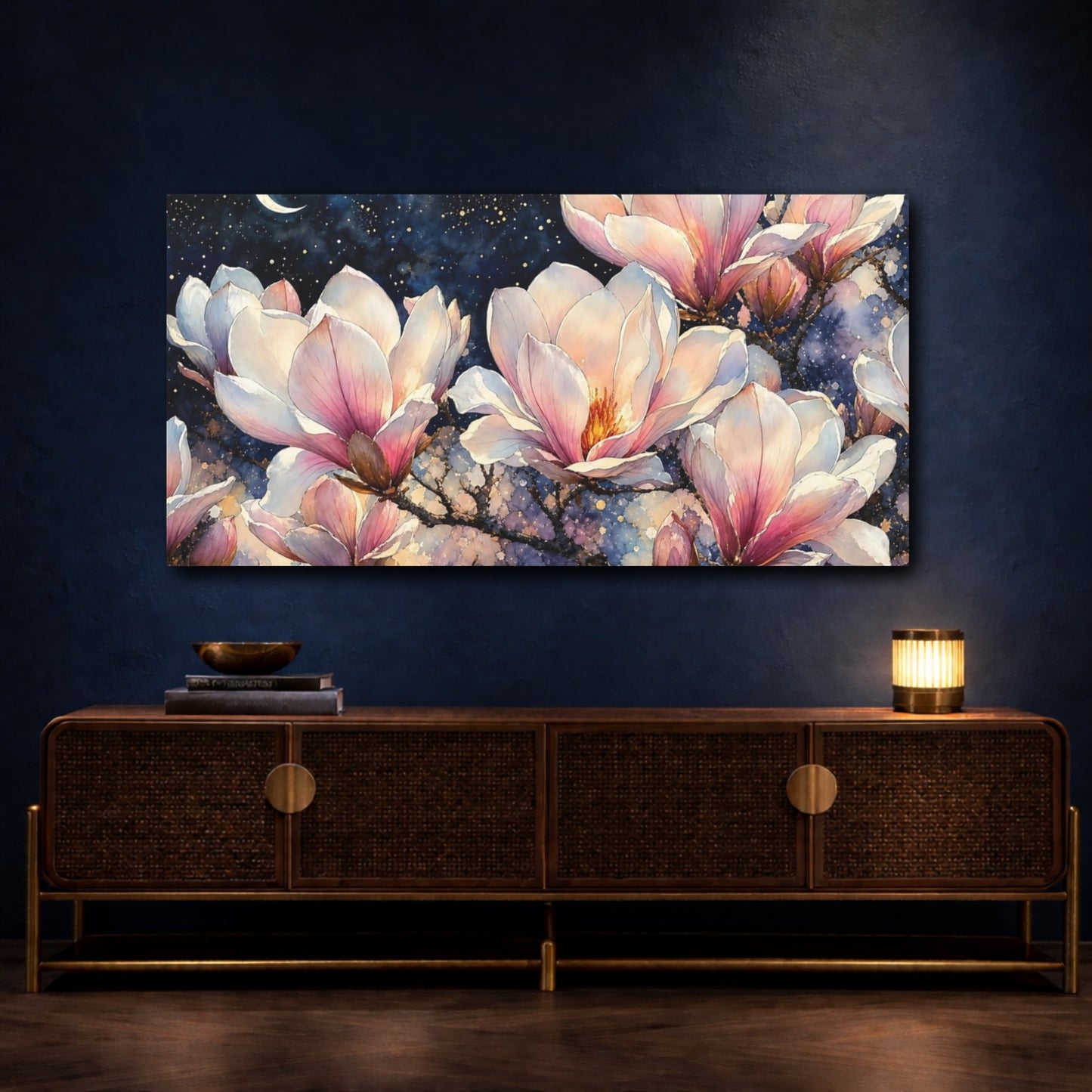 Mockup 4. Moonlit Magnolia Blossoms shown as canvas print