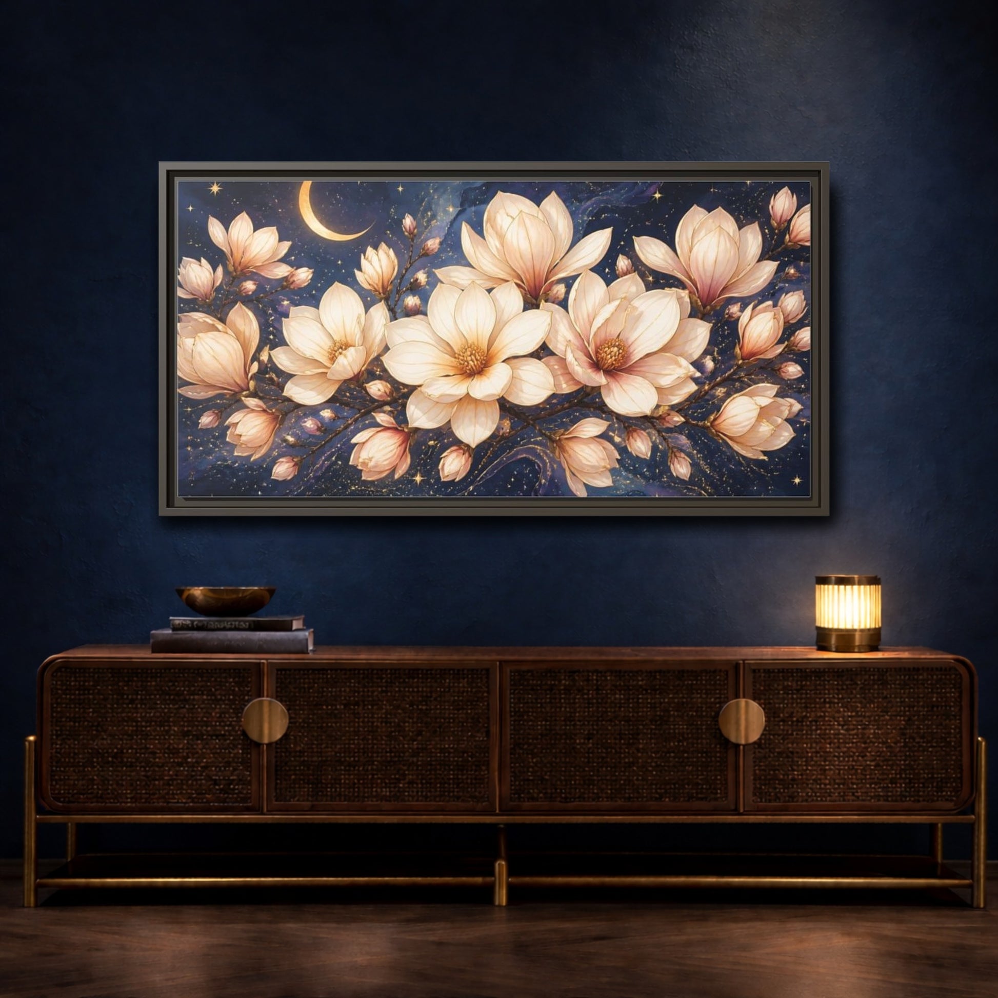 Mockup 4. Moonlit Magnolia Blossoms shown as framed canvas print