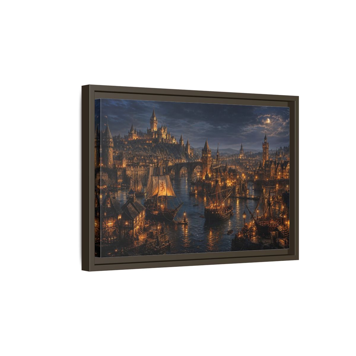 Side Mockup 5. Moonlit Medieval Harbor shown as framed canvas print