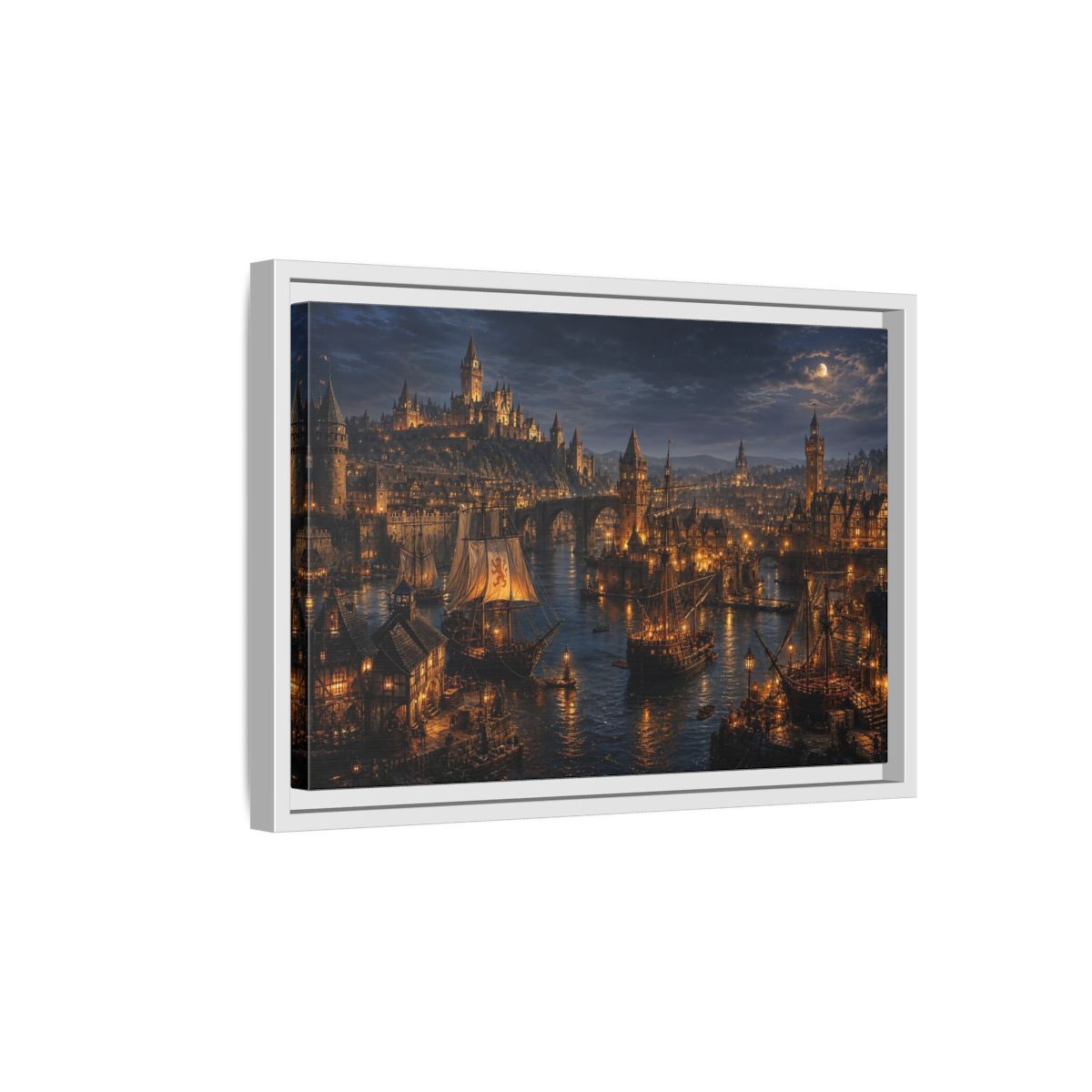 Side Mockup 4. Moonlit Medieval Harbor shown as framed canvas print