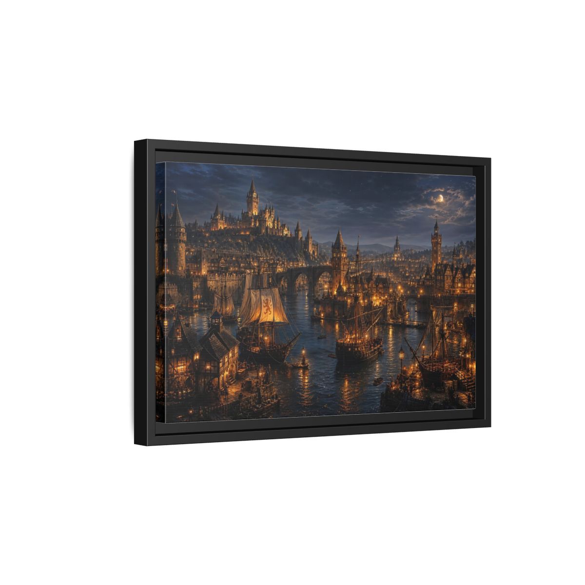 Side Mockup 6. Moonlit Medieval Harbor shown as framed canvas print