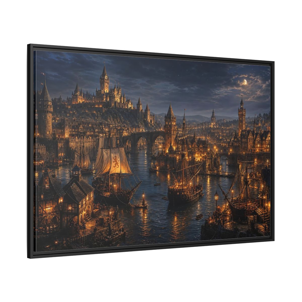 Side Mockup 12. Moonlit Medieval Harbor shown as framed canvas print