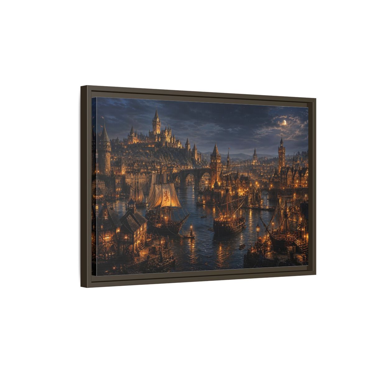 Side Mockup 2. Moonlit Medieval Harbor shown as framed canvas print
