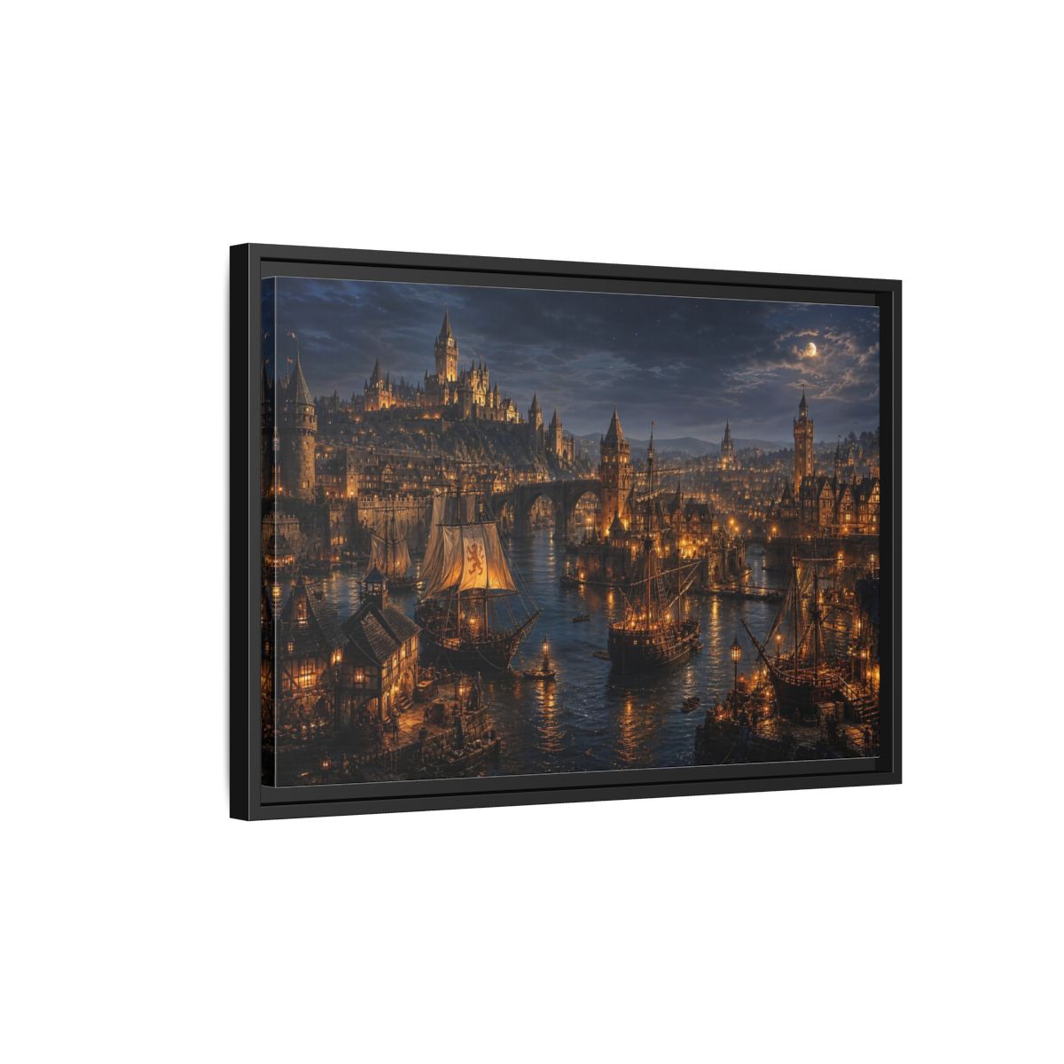 Side Mockup 3. Moonlit Medieval Harbor shown as framed canvas print