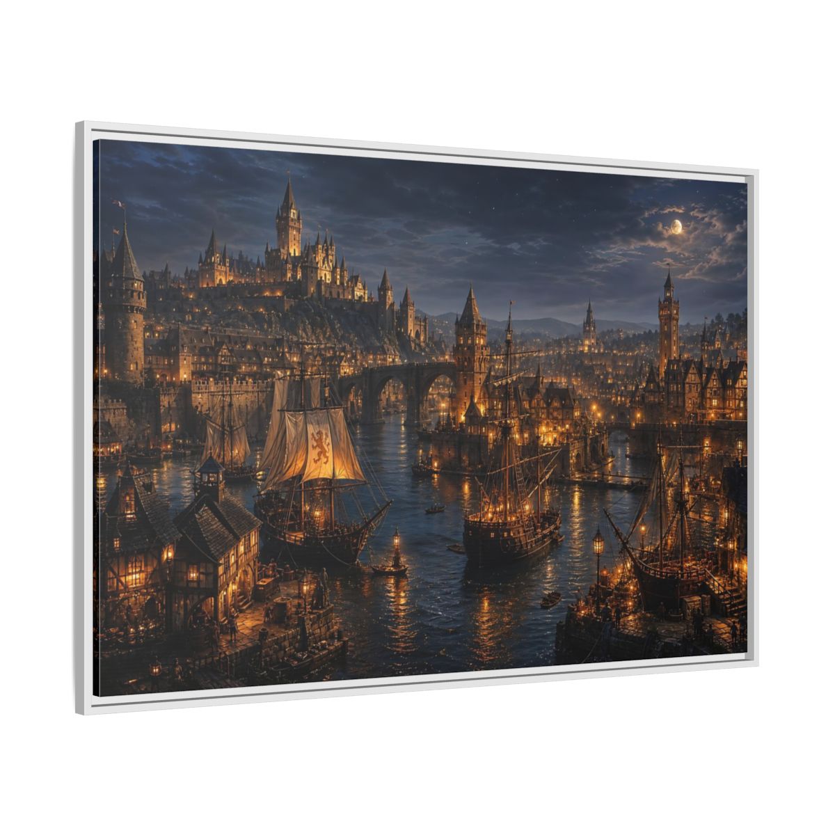 Side Mockup 7. Moonlit Medieval Harbor shown as framed canvas print