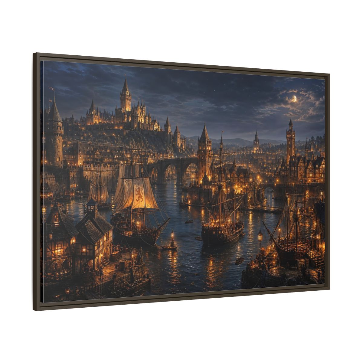 Side Mockup 8. Moonlit Medieval Harbor shown as framed canvas print