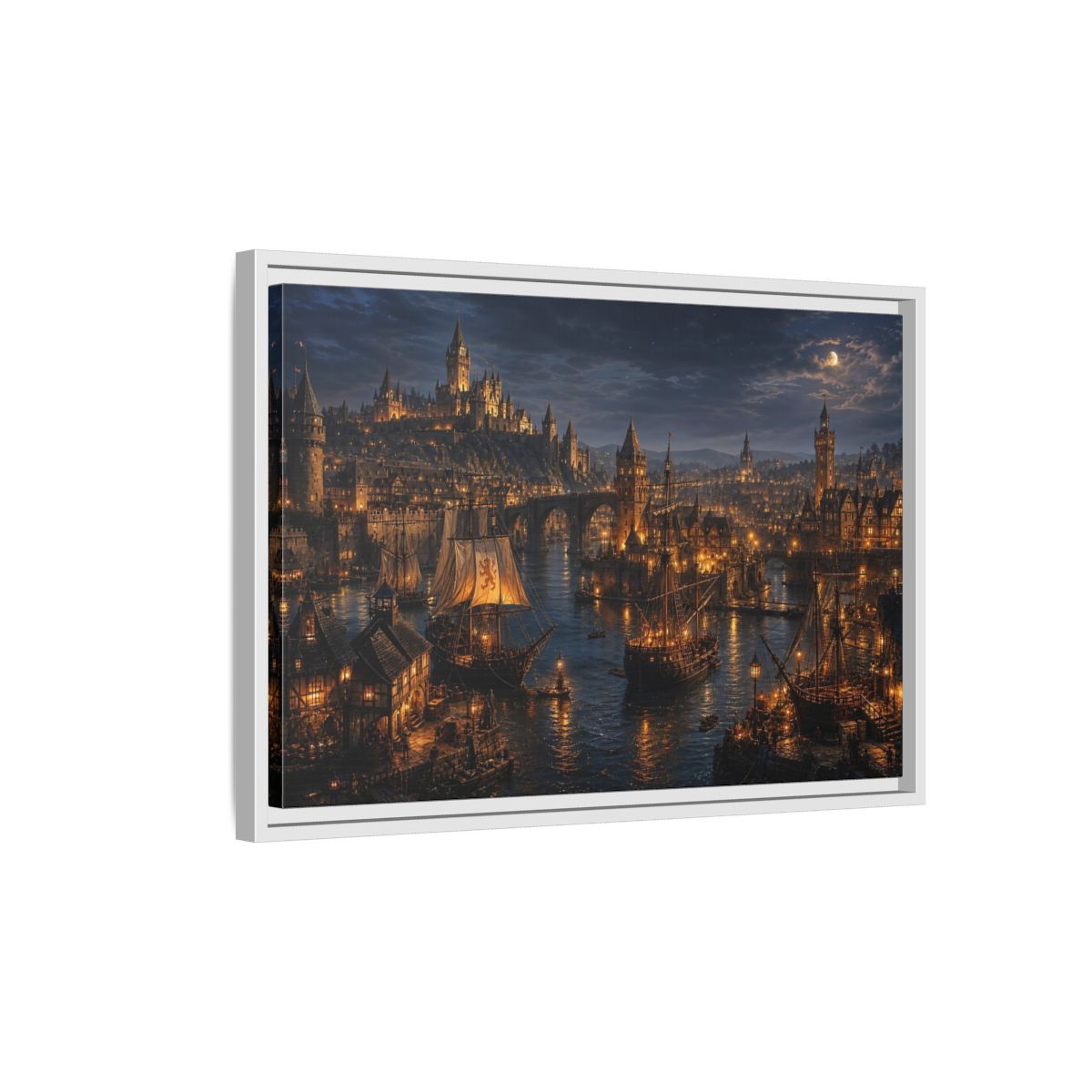 Side Mockup 1. Moonlit Medieval Harbor shown as framed canvas print
