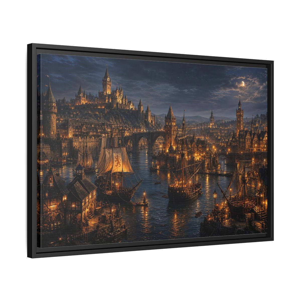 Side Mockup 14. Moonlit Medieval Harbor shown as framed canvas print