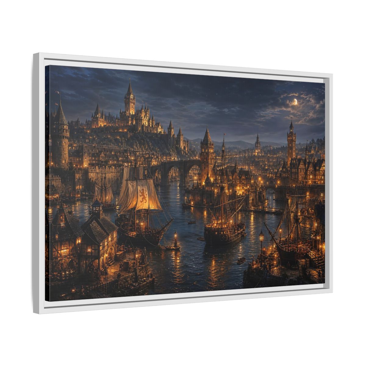 Side Mockup 10. Moonlit Medieval Harbor shown as framed canvas print