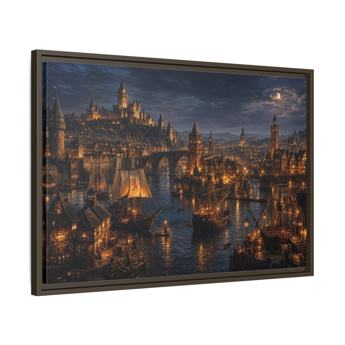 Side Mockup 11. Moonlit Medieval Harbor shown as framed canvas print