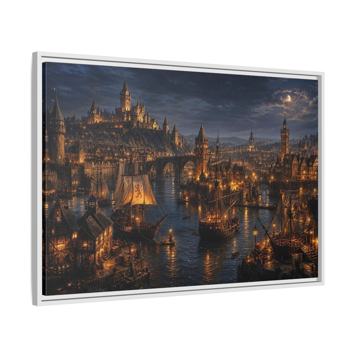 Side Mockup 9. Moonlit Medieval Harbor shown as framed canvas print