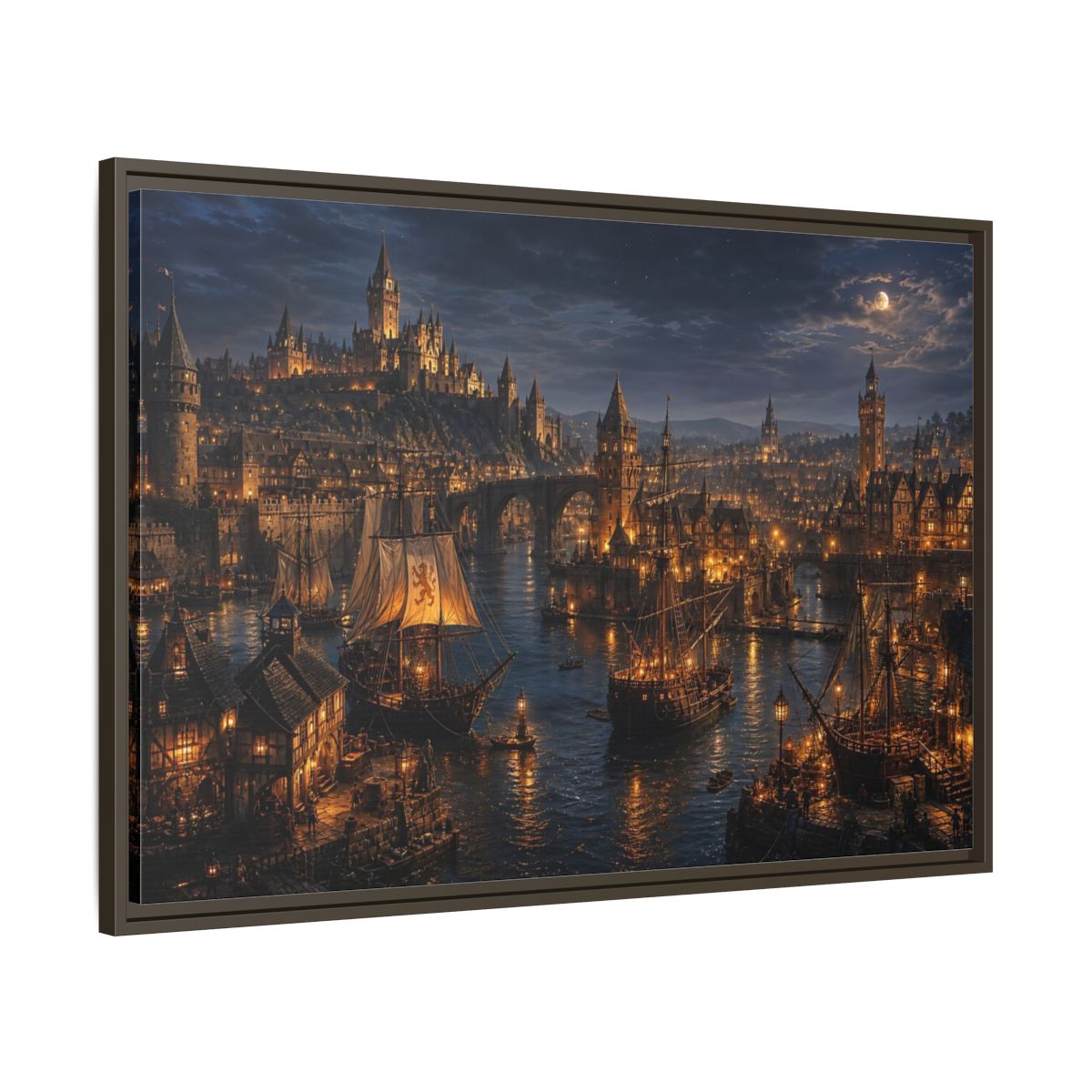 Main Mockup. Moonlit Medieval Harbor shown as framed canvas print