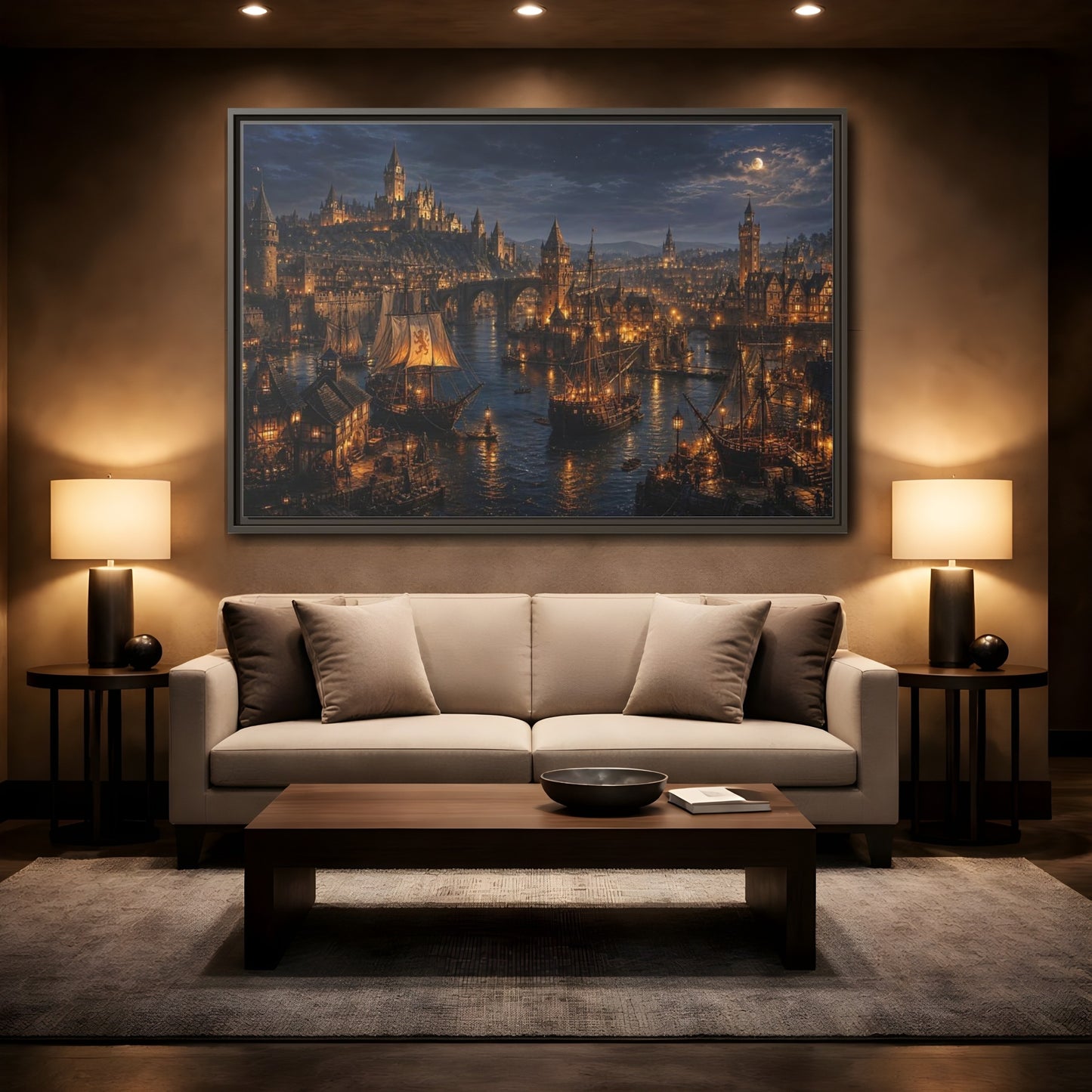 Mockup 2. Moonlit Medieval Harbor shown as framed canvas print