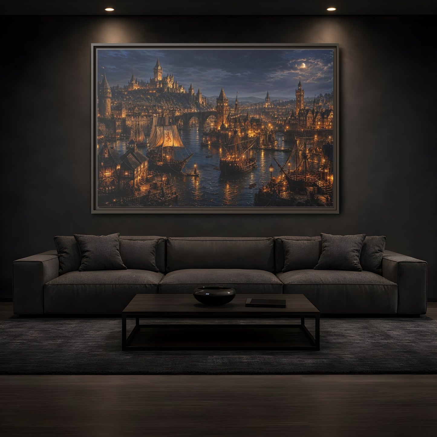 Mockup 3. Moonlit Medieval Harbor shown as framed canvas print