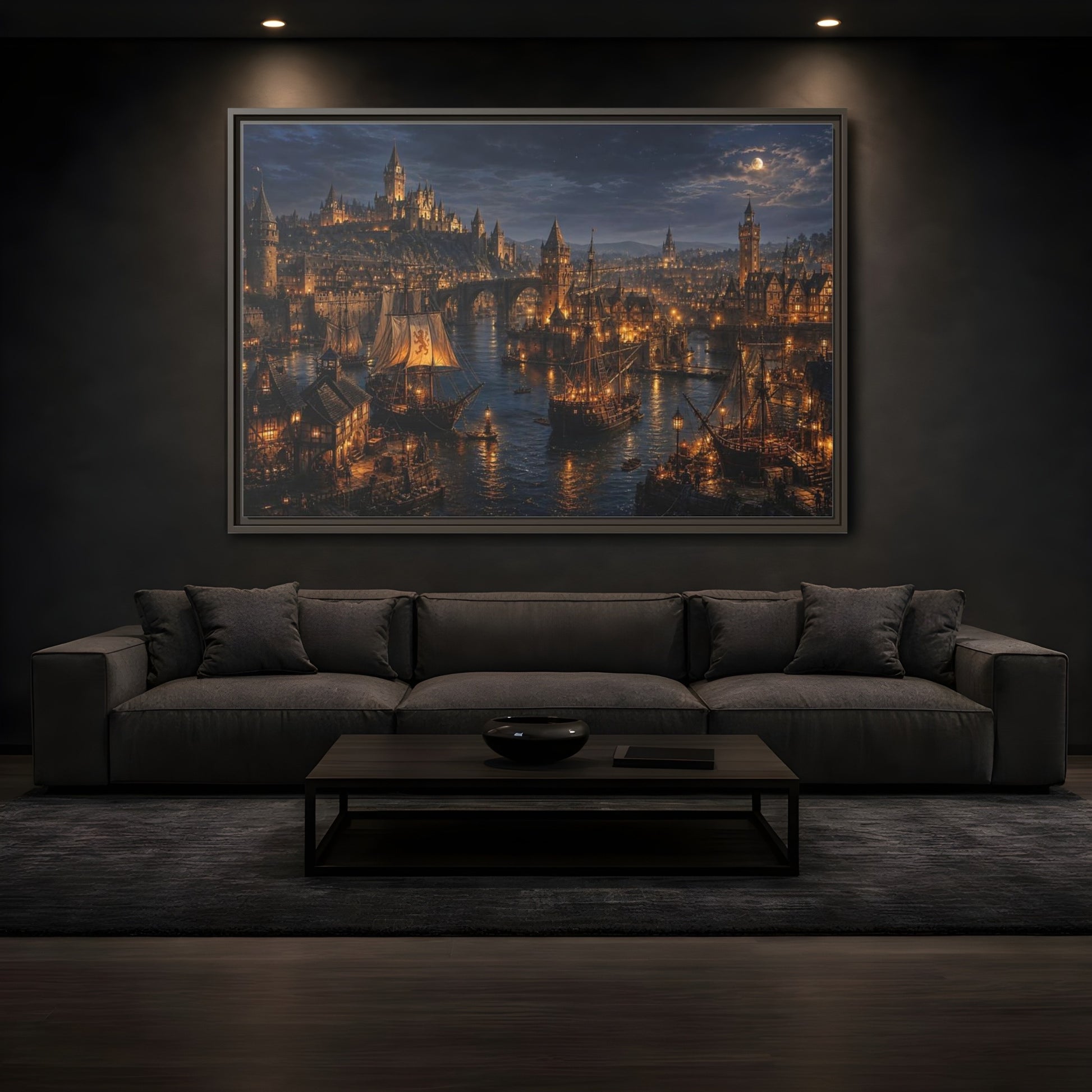 Mockup 3. Moonlit Medieval Harbor shown as framed canvas print