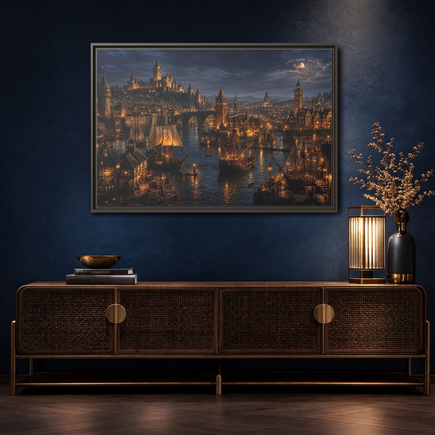 Mockup 4. Moonlit Medieval Harbor shown as framed canvas print