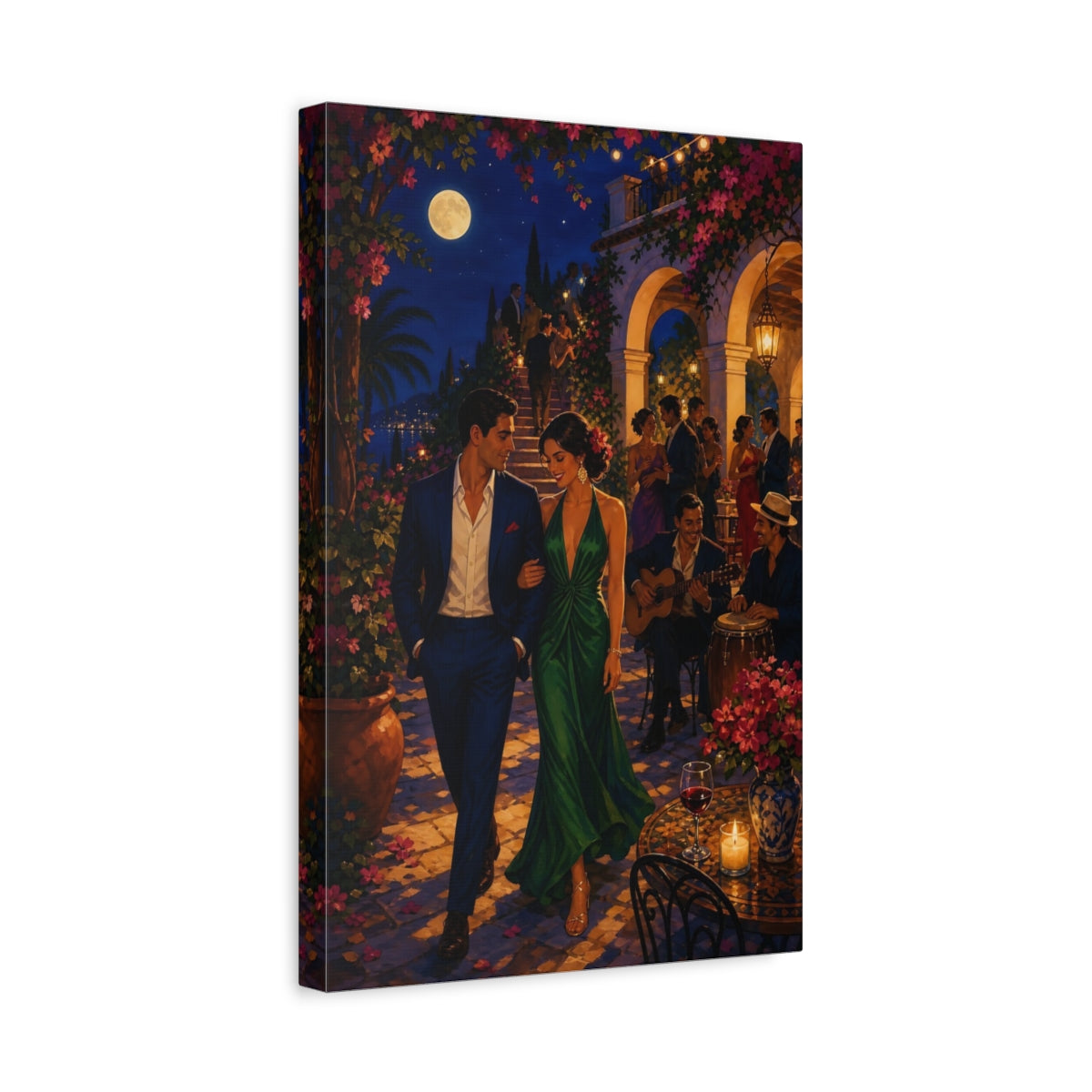 Side Mockup 4. Moonlit Mediterranean Evening shown as canvas print