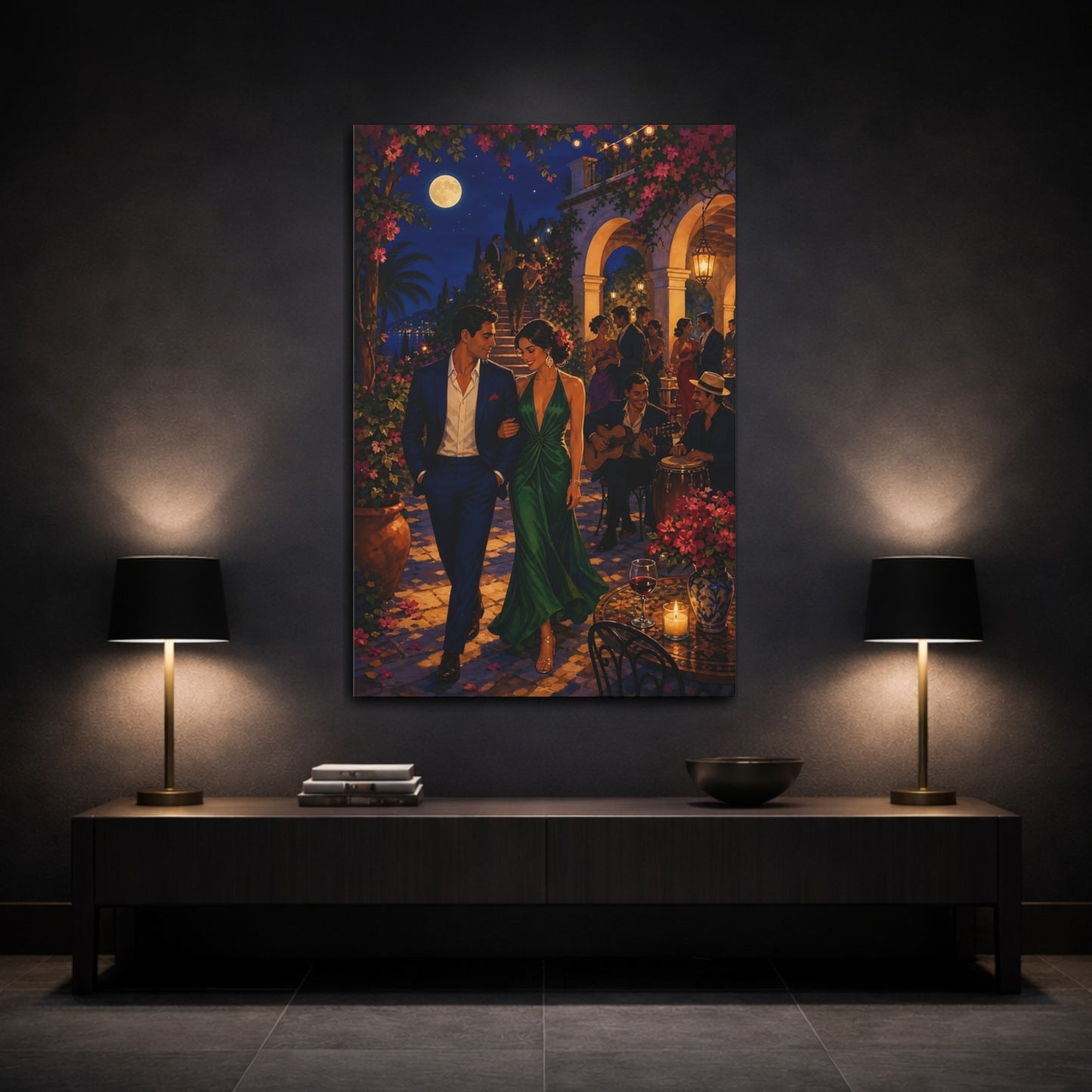 Mockup 3. Moonlit Mediterranean Evening shown as canvas print