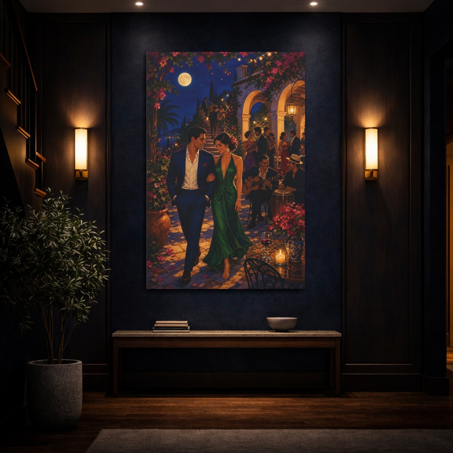 Mockup 4. Moonlit Mediterranean Evening shown as canvas print