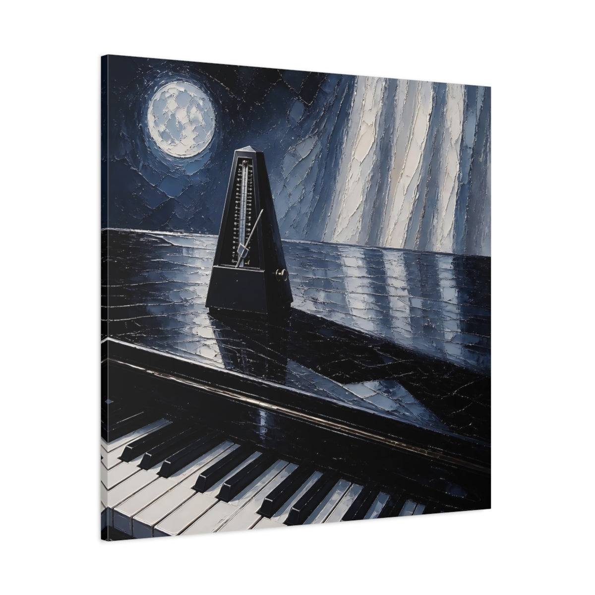 Side Mockup 1. Moonlit Metronome On Piano shown as canvas print