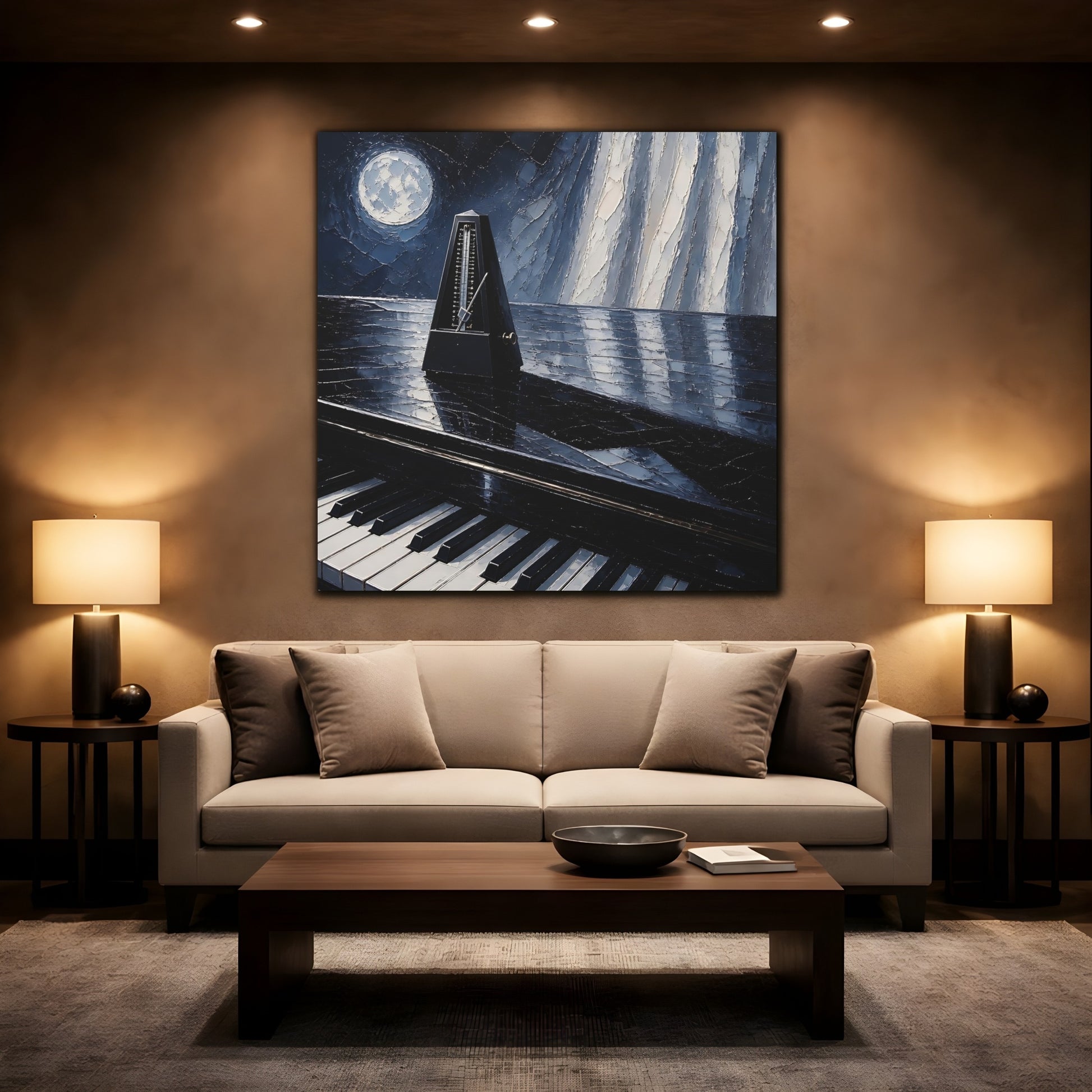 Mockup 2. Moonlit Metronome On Piano shown as canvas print