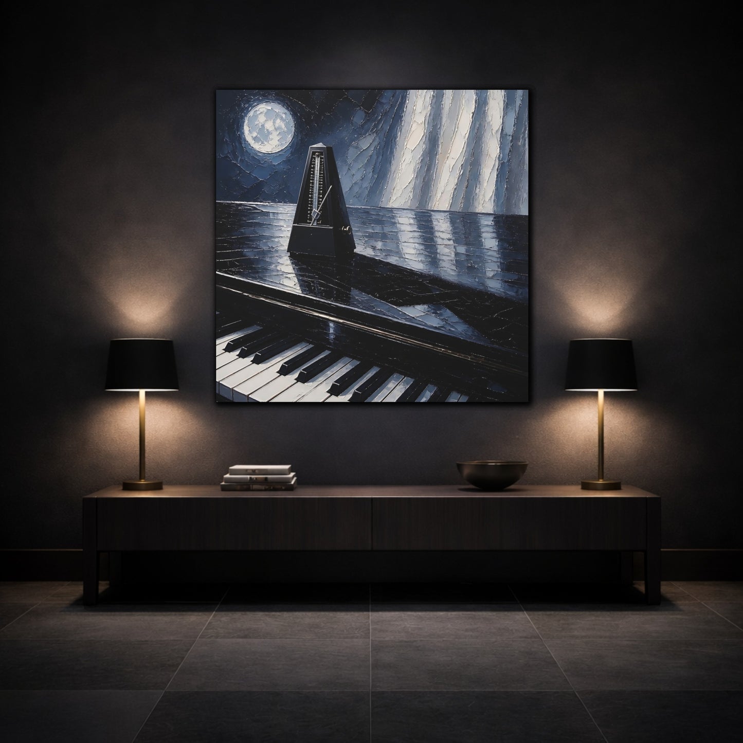 Mockup 3. Moonlit Metronome On Piano shown as canvas print
