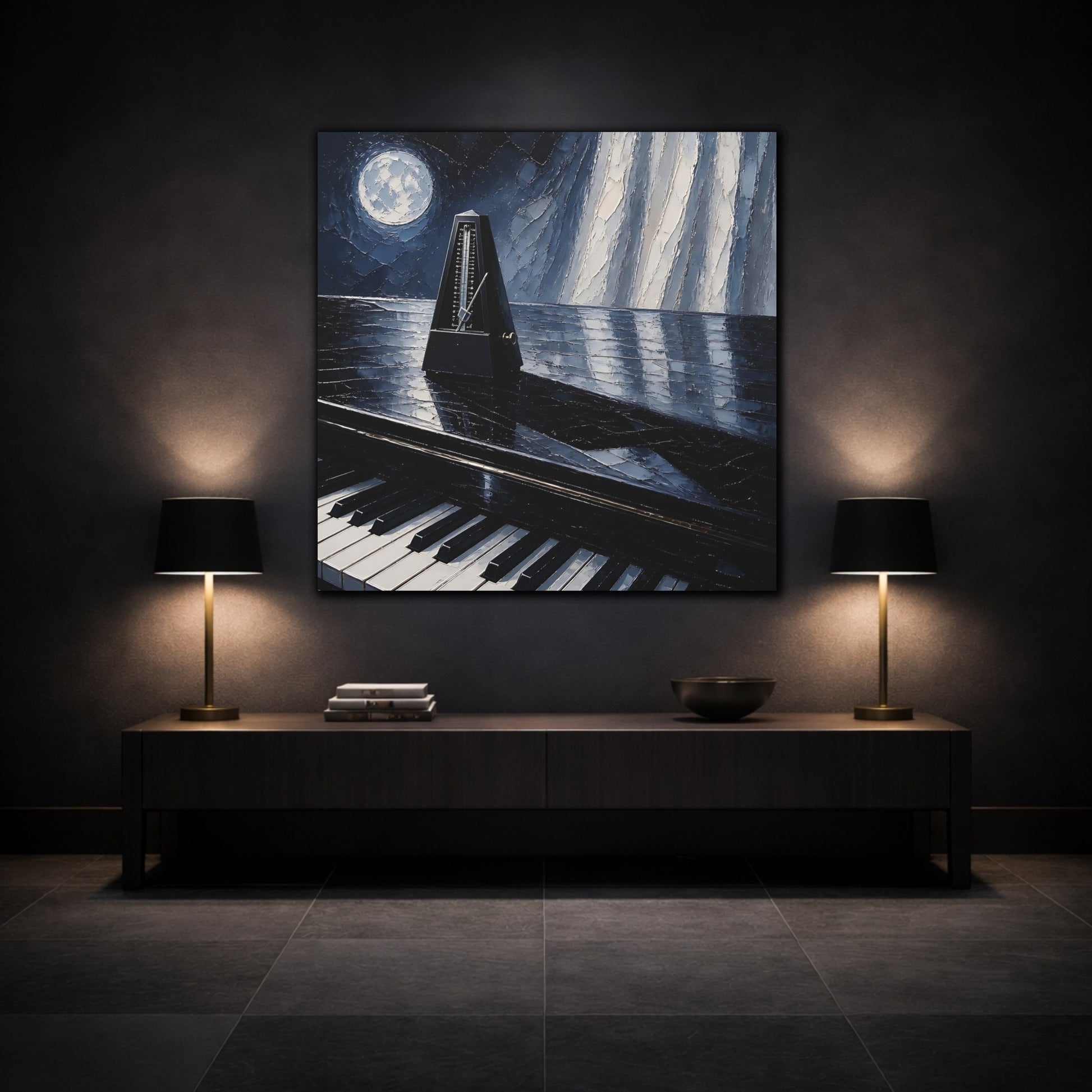 Mockup 3. Moonlit Metronome On Piano shown as canvas print
