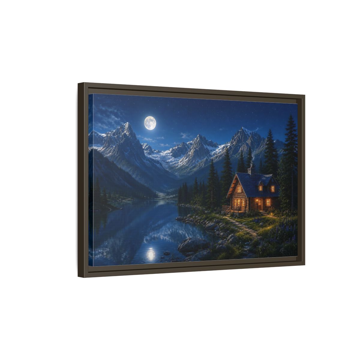 Side Mockup 2. Moonlit Mountain Cabin Retreat shown as framed canvas print