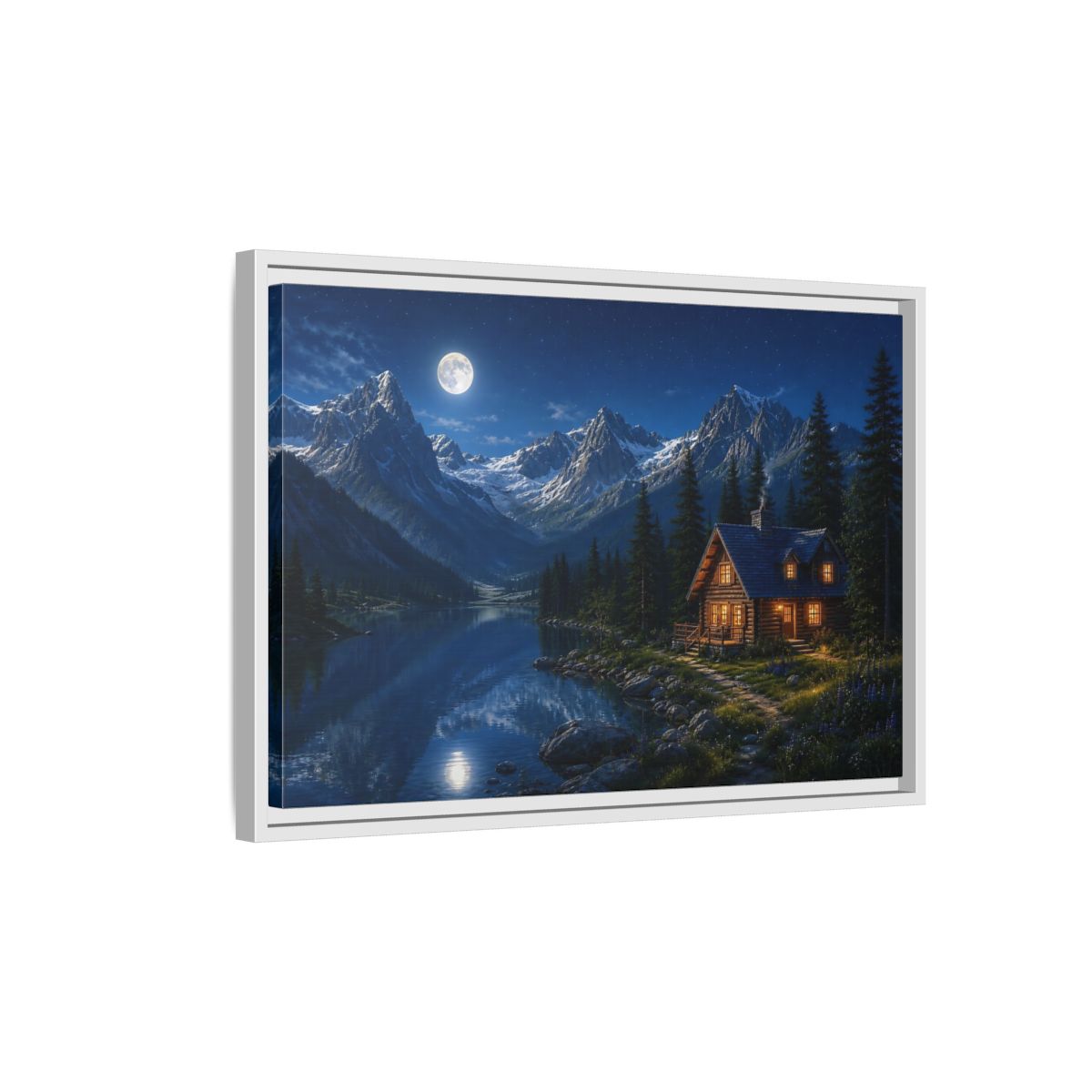 Side Mockup 1. Moonlit Mountain Cabin Retreat shown as framed canvas print