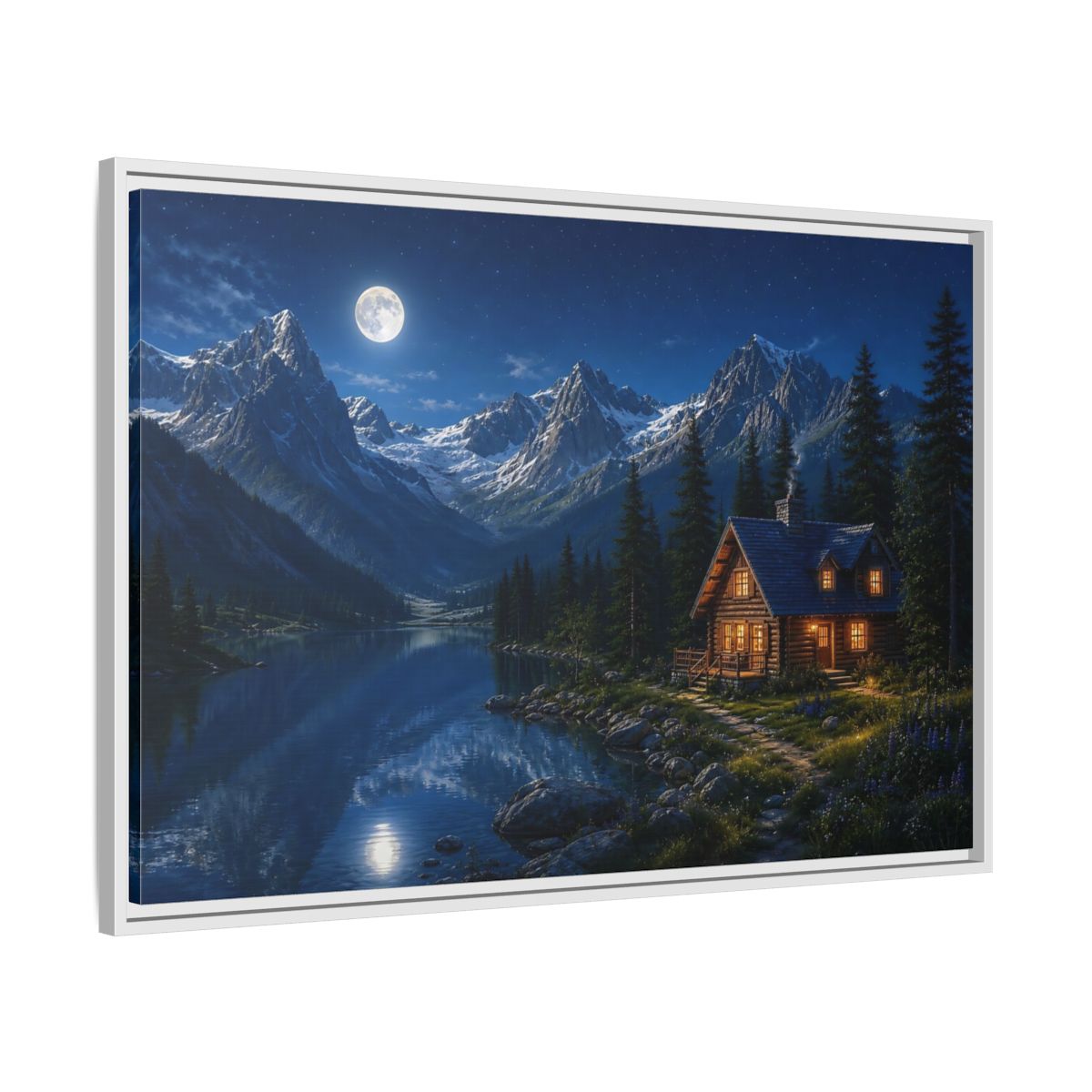 Side Mockup 9. Moonlit Mountain Cabin Retreat shown as framed canvas print