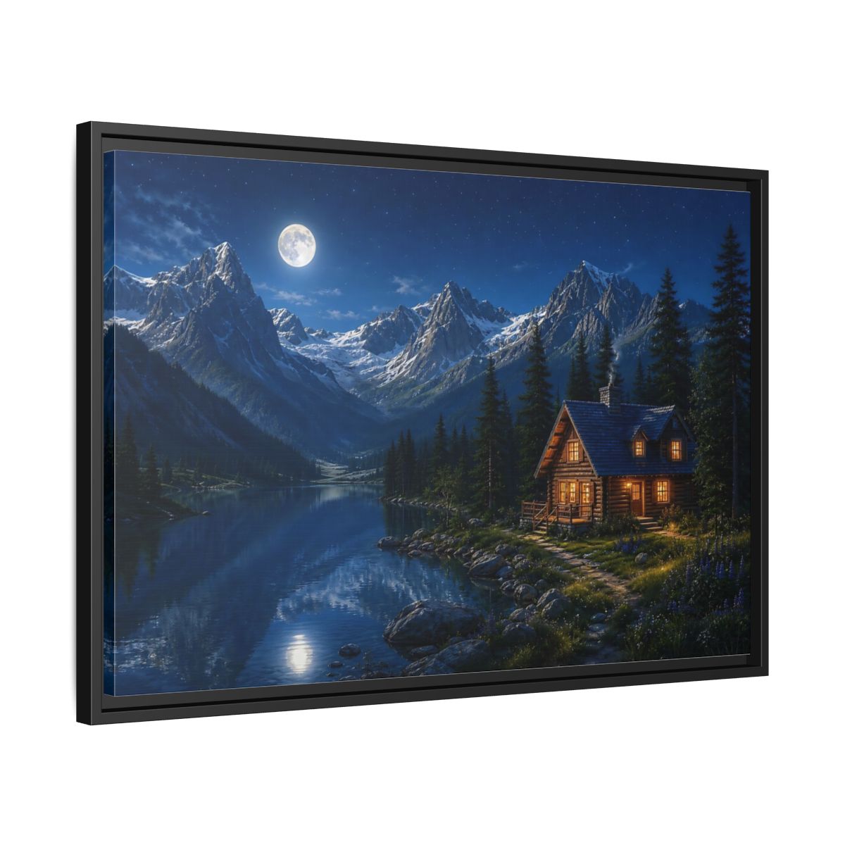 Side Mockup 14. Moonlit Mountain Cabin Retreat shown as framed canvas print