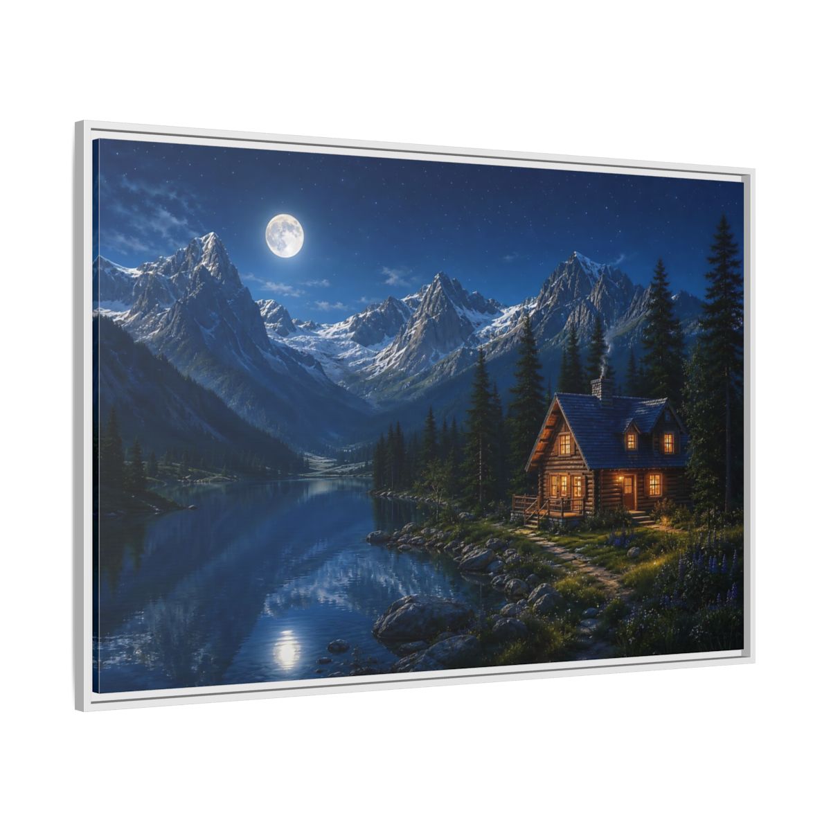 Side Mockup 7. Moonlit Mountain Cabin Retreat shown as framed canvas print