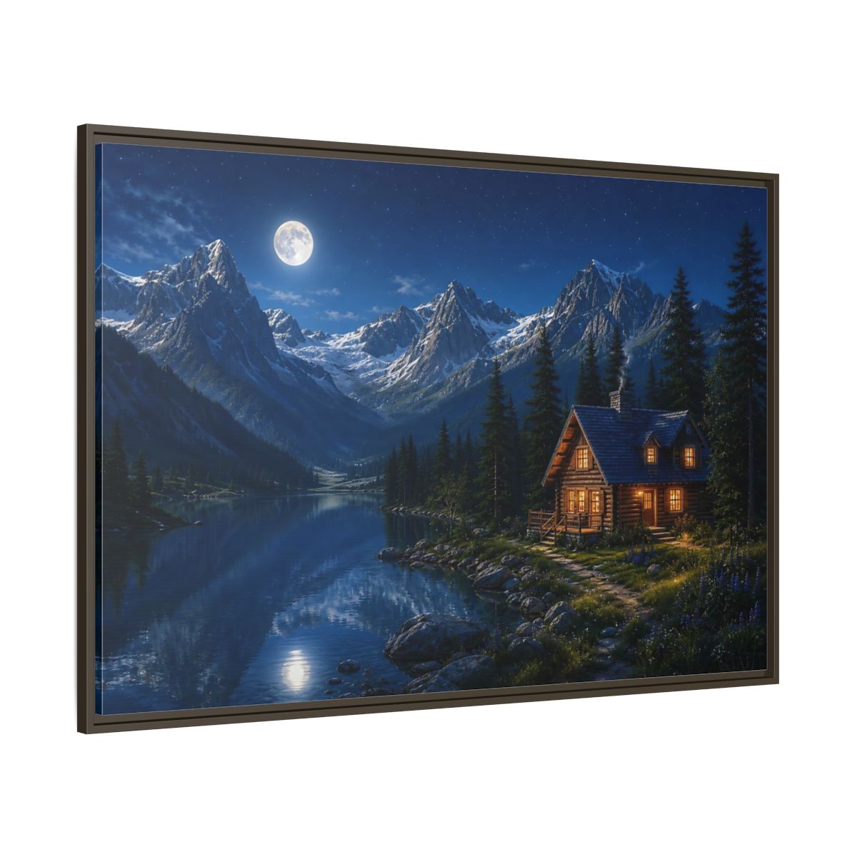 Side Mockup 8. Moonlit Mountain Cabin Retreat shown as framed canvas print