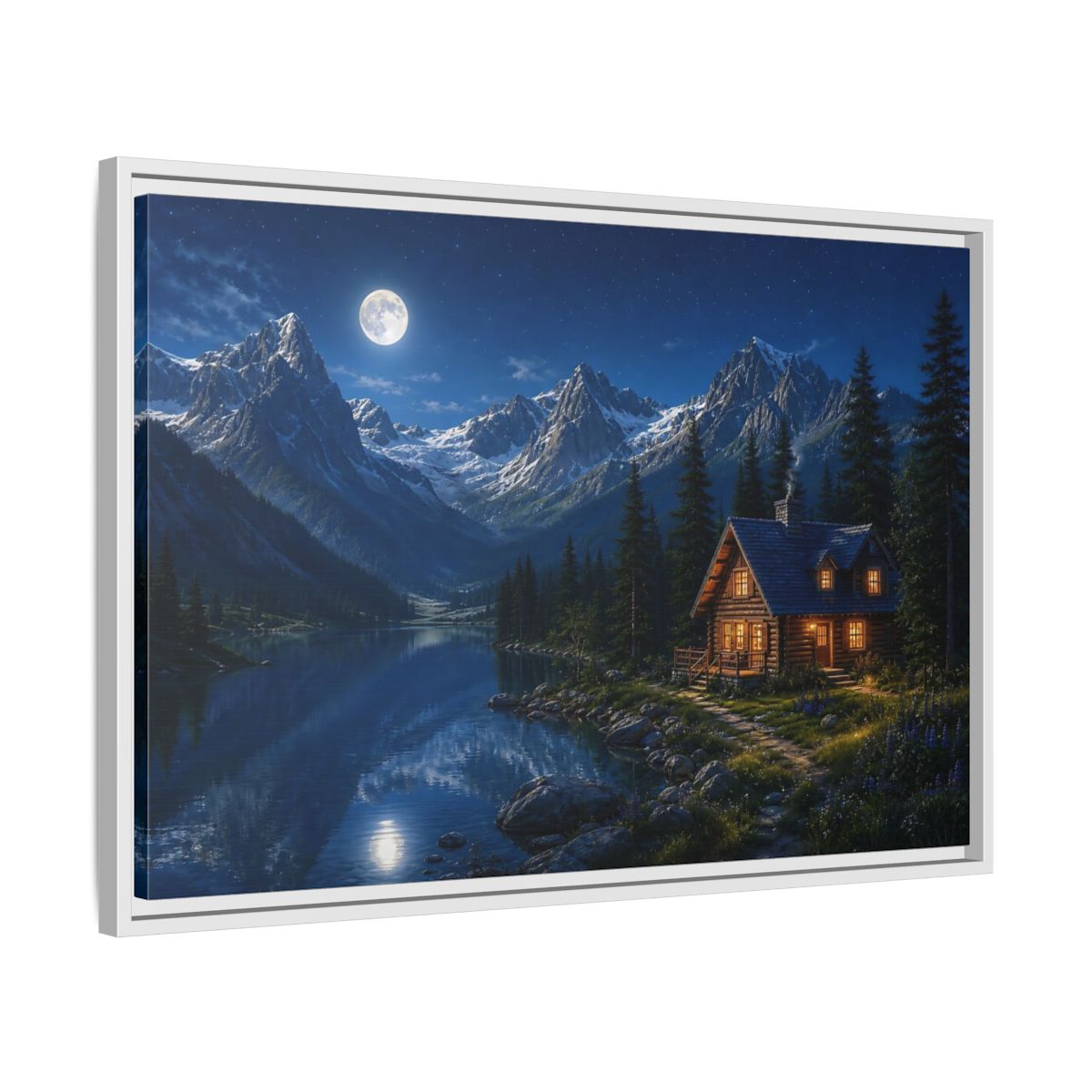 Side Mockup 10. Moonlit Mountain Cabin Retreat shown as framed canvas print