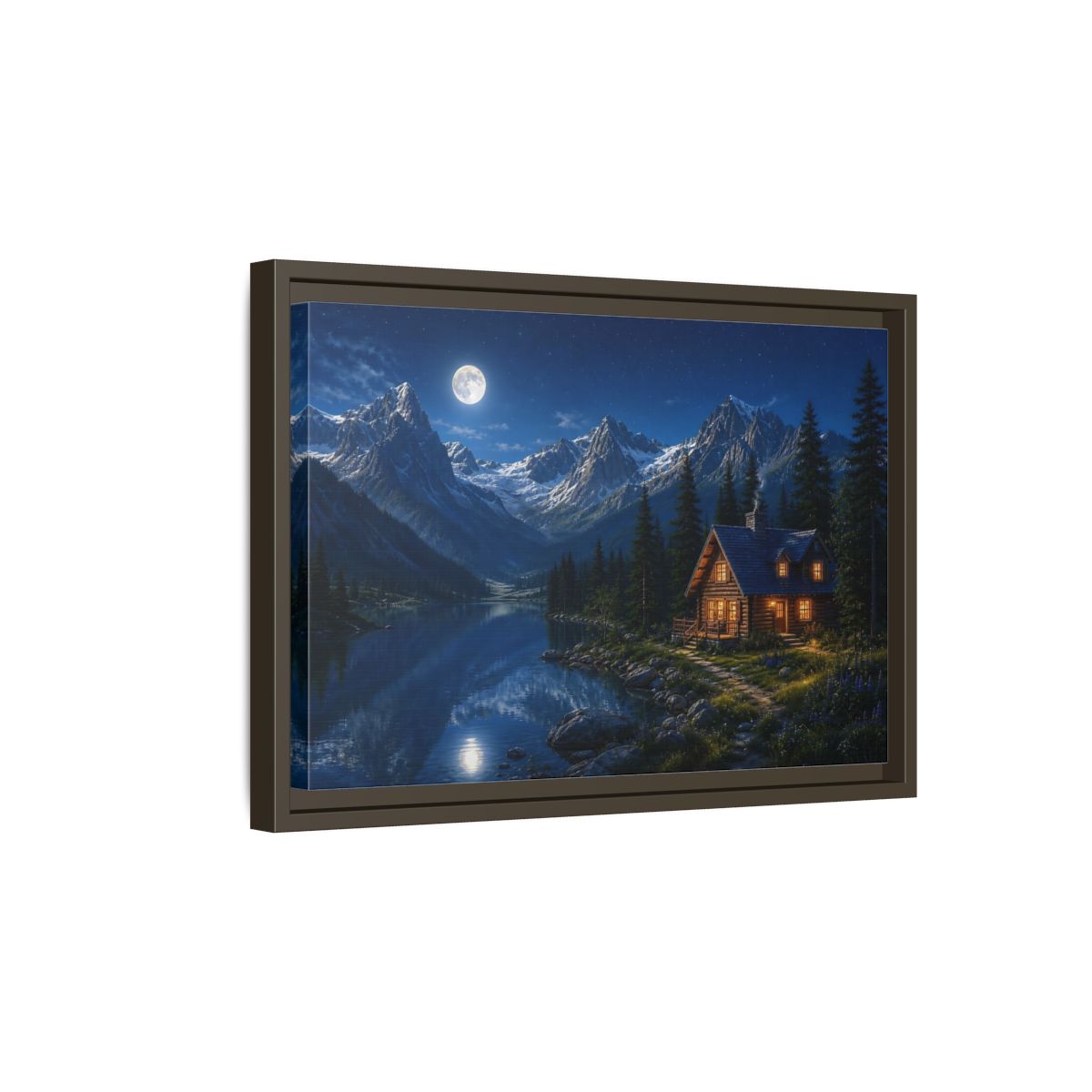 Side Mockup 5. Moonlit Mountain Cabin Retreat shown as framed canvas print