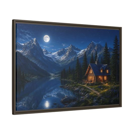 Main Mockup. Moonlit Mountain Cabin Retreat shown as framed canvas print