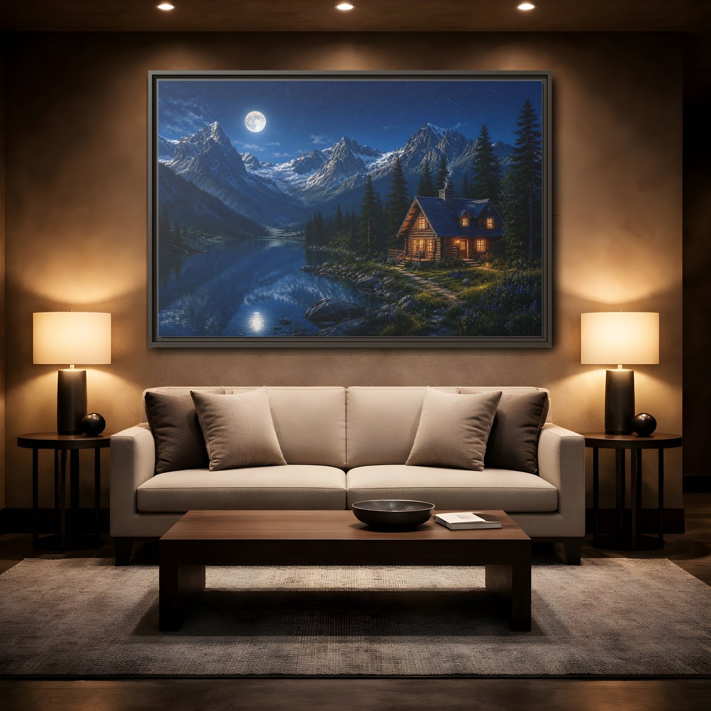 Mockup 2. Moonlit Mountain Cabin Retreat shown as framed canvas print