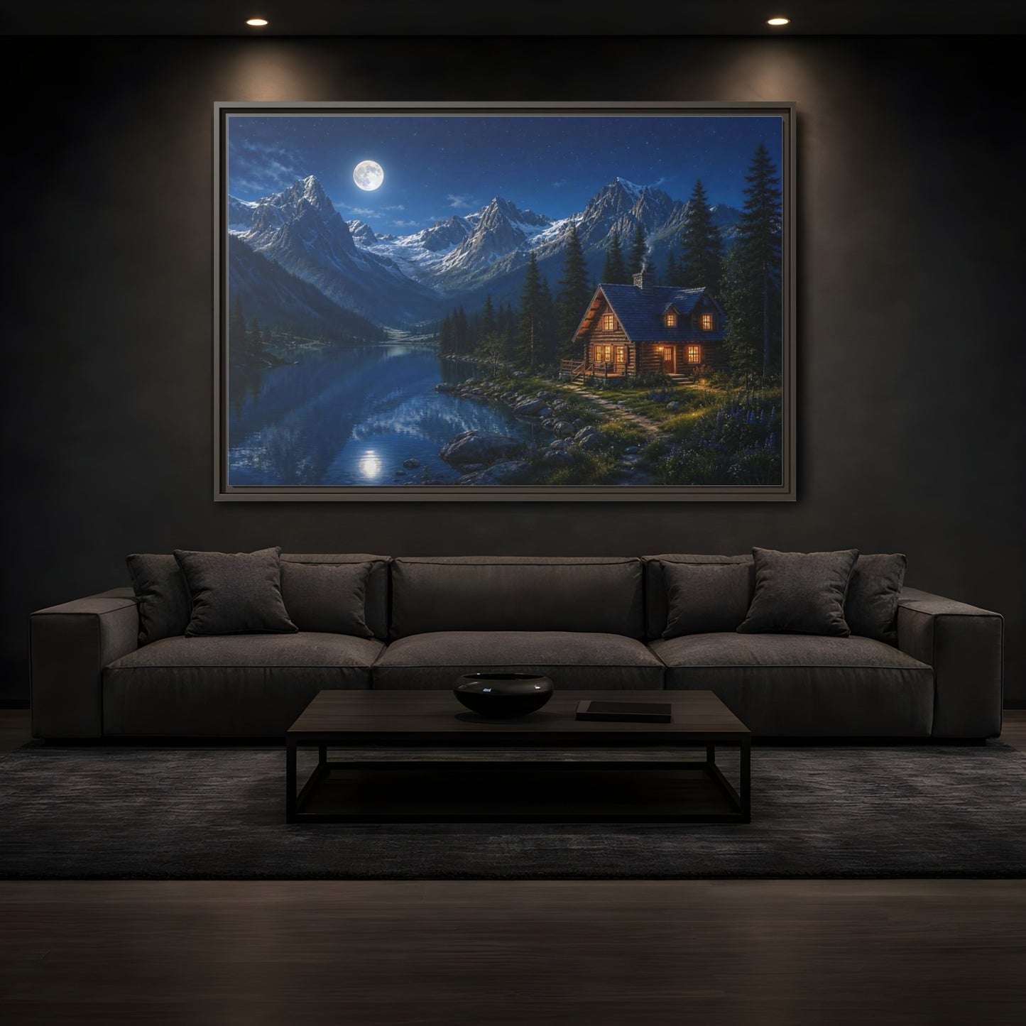 Mockup 3. Moonlit Mountain Cabin Retreat shown as framed canvas print