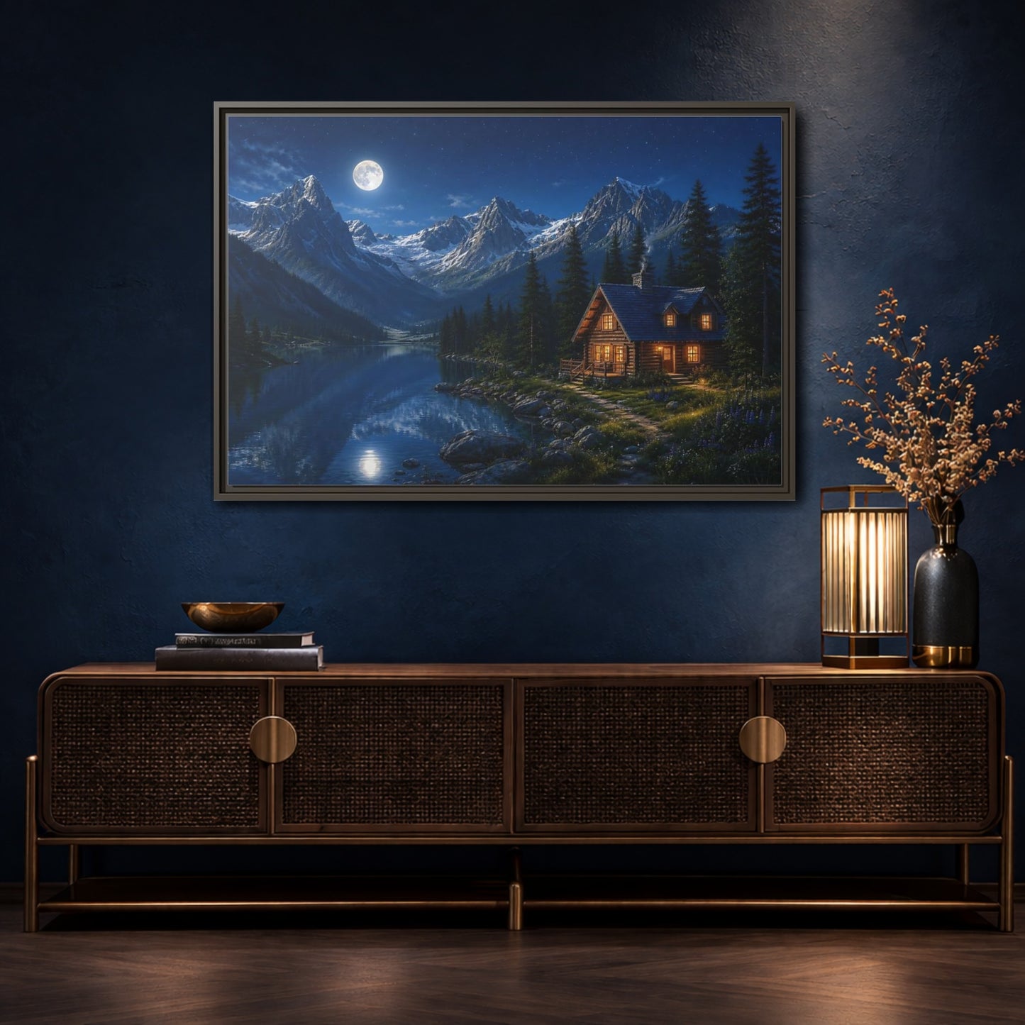 Mockup 4. Moonlit Mountain Cabin Retreat shown as framed canvas print