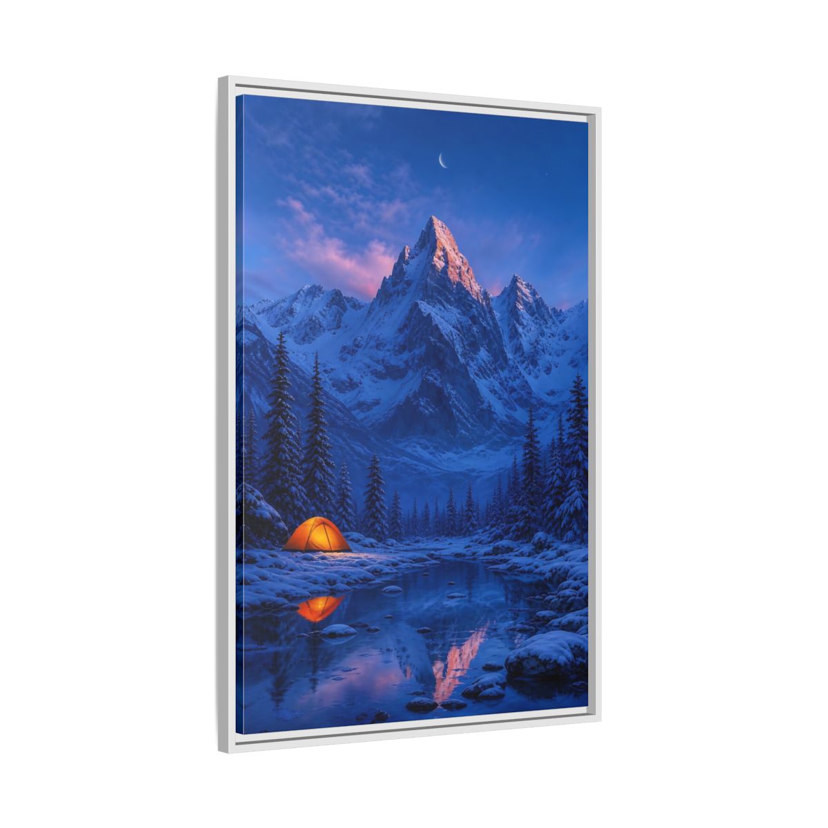 Side Mockup 9. Moonlit Mountain Camp shown as framed canvas print